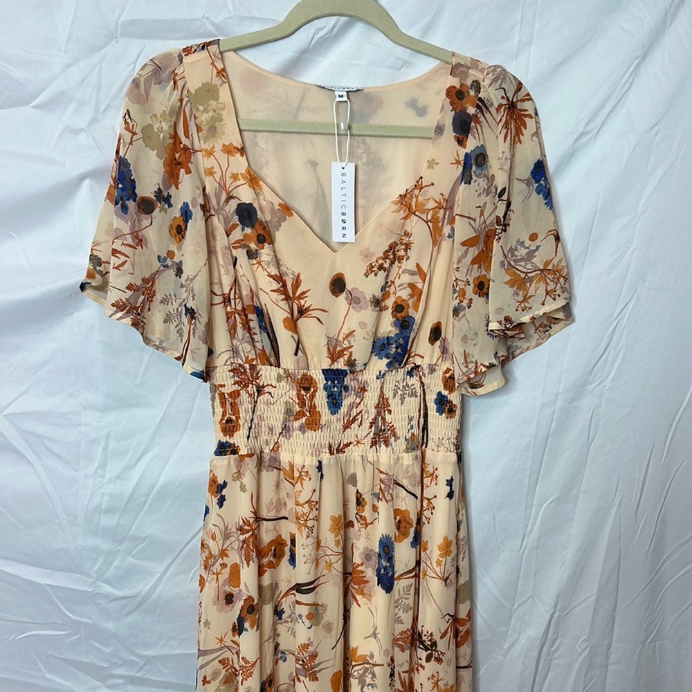 Baltic Born Tan Maxi Dress Sweetheart Neckline Flutter Sleeves